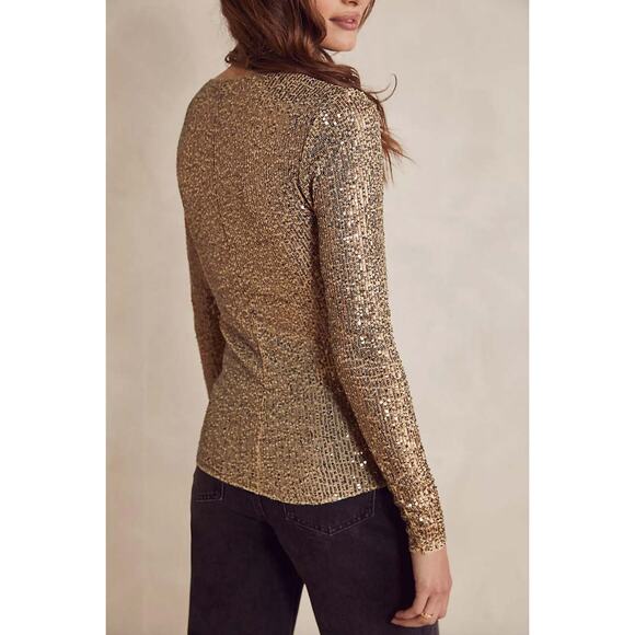 Free People Gold Rush Long Sleeve Top Sequin Gold Combo Size XS NWOT - Picture 6 of 6